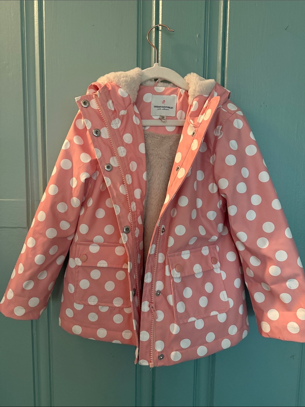 Urban Republic Girls size 4T faux fur lined pink polka dot rain coat